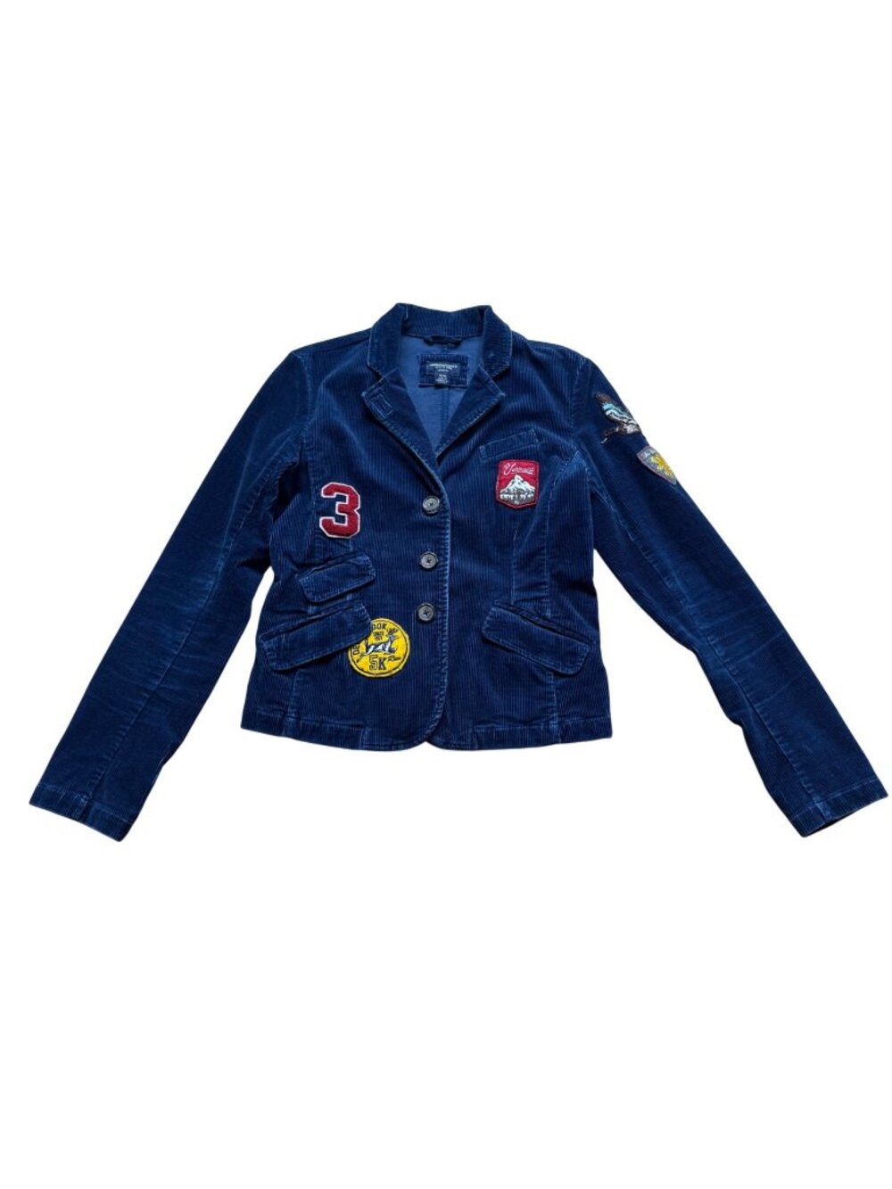 Y2K Vintage Blue Corduroy Preppy Patch Blazer Jacket Button Front Size M
